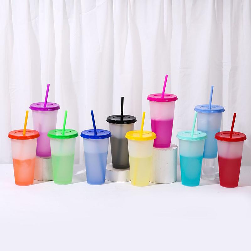 10Pcs Color Changing Cups Plastic Straw Ice Cup Large Capacity Cold Drinking Cup Water Bottle Party Travel Beverage Mug
