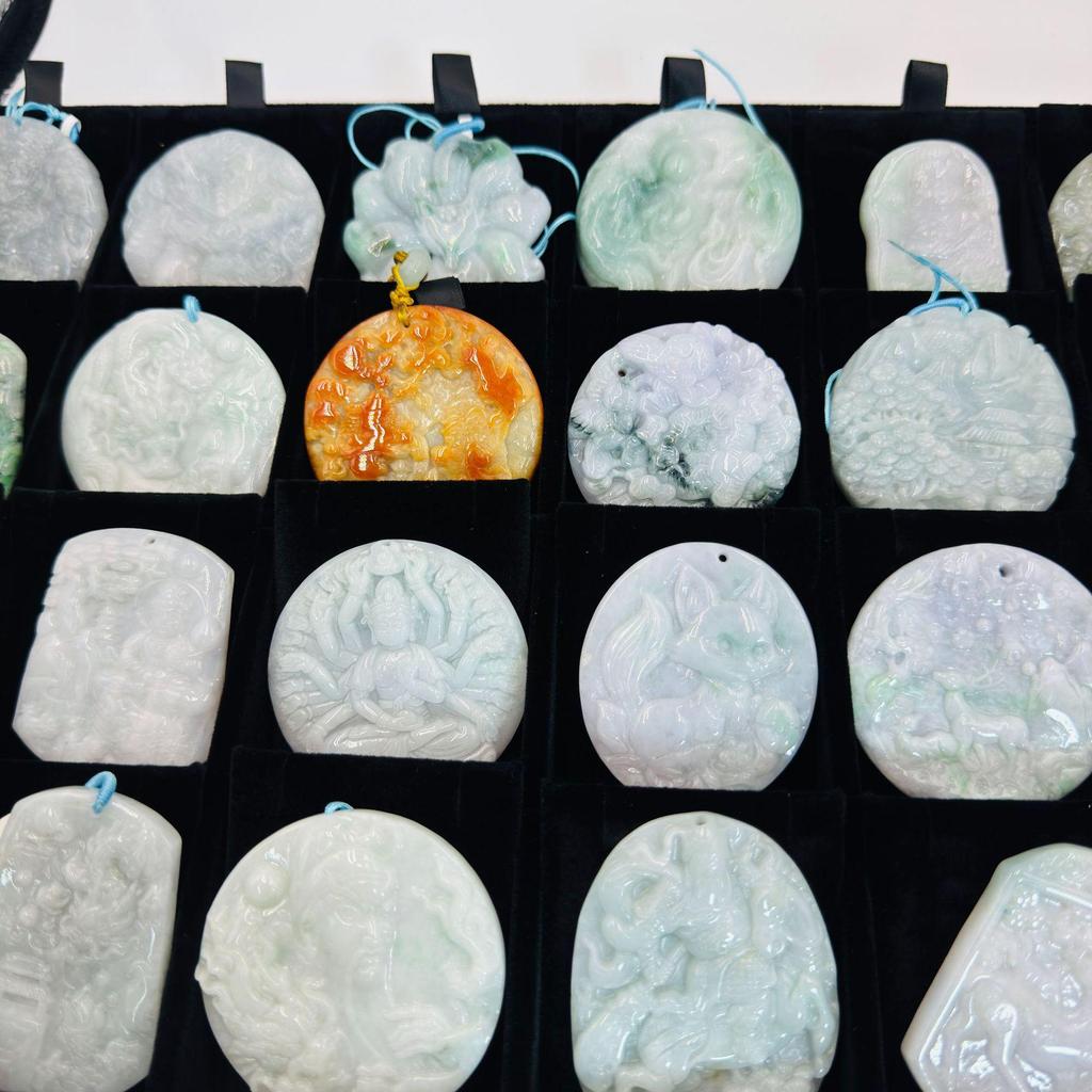 Three-Dimensional Green Jade Landscape Bracelet with Buddha and Guanyin Amulets