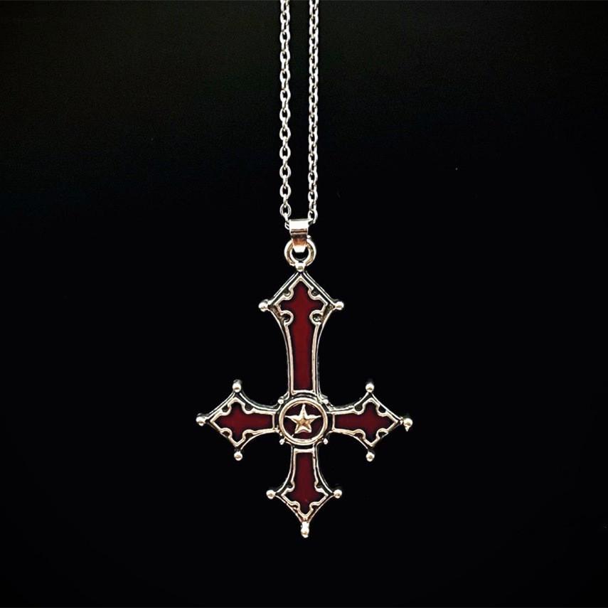 Gothic Red Cross Pendant Necklace With Alloy Chain For Women Fashion Accessory