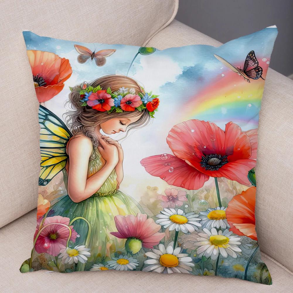 Niedlicher Cartoon Waldmädchen Elfen Kissenbezug Doppelseitig bedruckter Kissenbezug Deko für Sofa Zuhause Superweicher Plüsch Kissenbezug 40x40cm