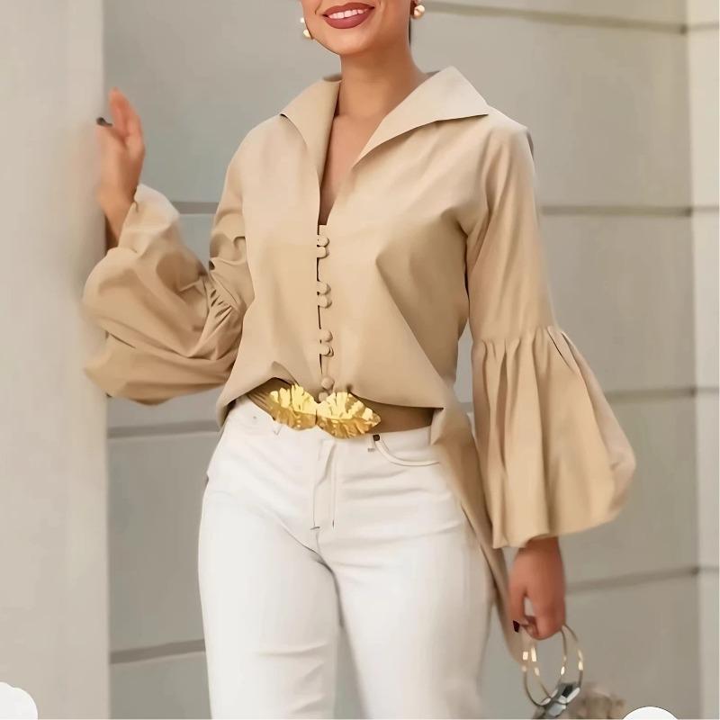 Spring New Style Solid Color Elegant Lantern Sleeve Lapel Shirt for Women