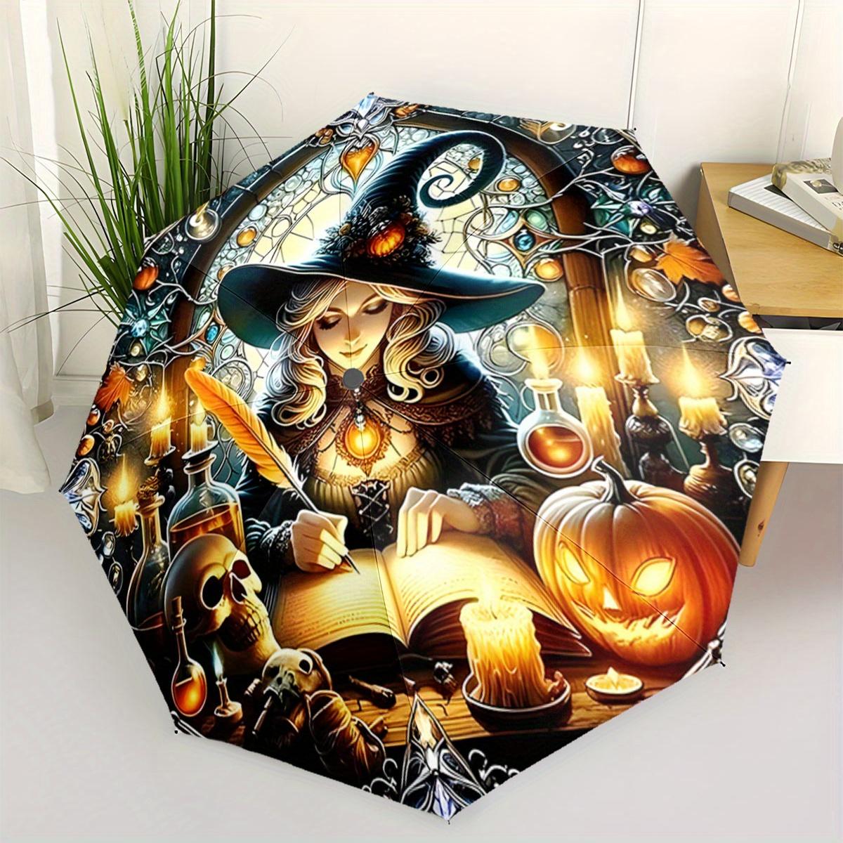 Automatic Folding Umbrella Witch with Auto Open/Close - Gothic Halloween Design Featuring Witch, Potion Bottles, Skulls, Pumpk