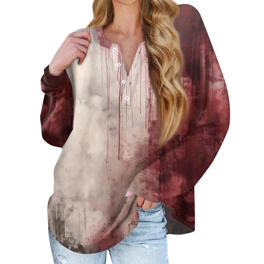 Dam Ny Knappkrage Mode Tryckt Långärmad T-shirt Slim Topp Casual Toppar