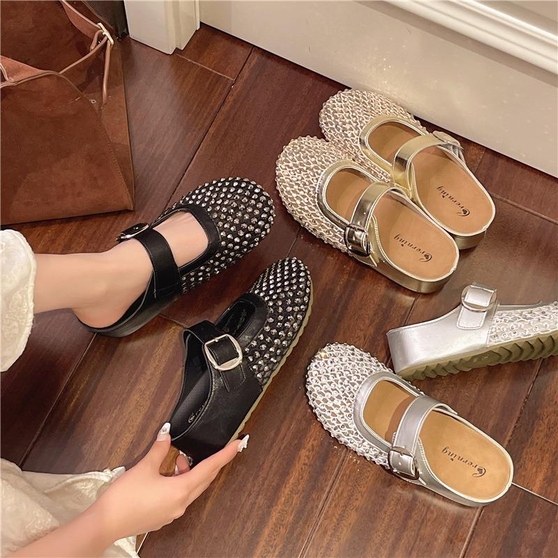 thick-soled inner height-increasing rhinestone bag head half slippers women's summer wear new fishing net shoes cool slippers single shoes