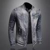 Venom Men's Retro Denim Jacket - Large Size Stand Collar Zipper for Casual Cycling & Motorcycle Wear
