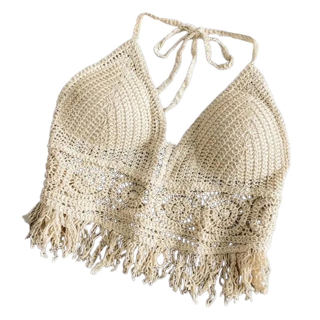 Women’s Padded Backless Hollow Out Tie Halter Crop Top Crochet Knit Fringe Bralette Camisole for Summer Layering