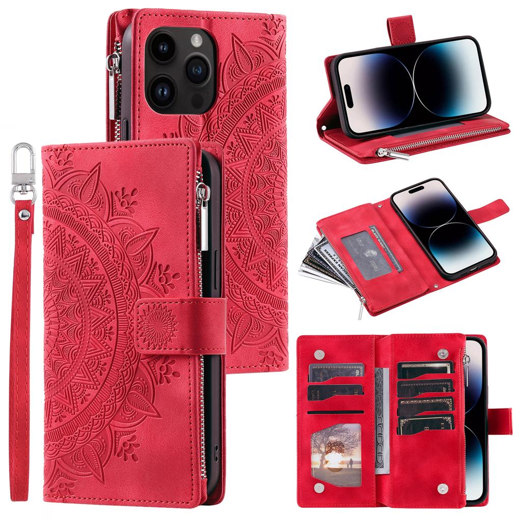 006 For iPhone 16 Pro Max Case PU Leather Zipper Phone Cover Mandala Flower Pattern