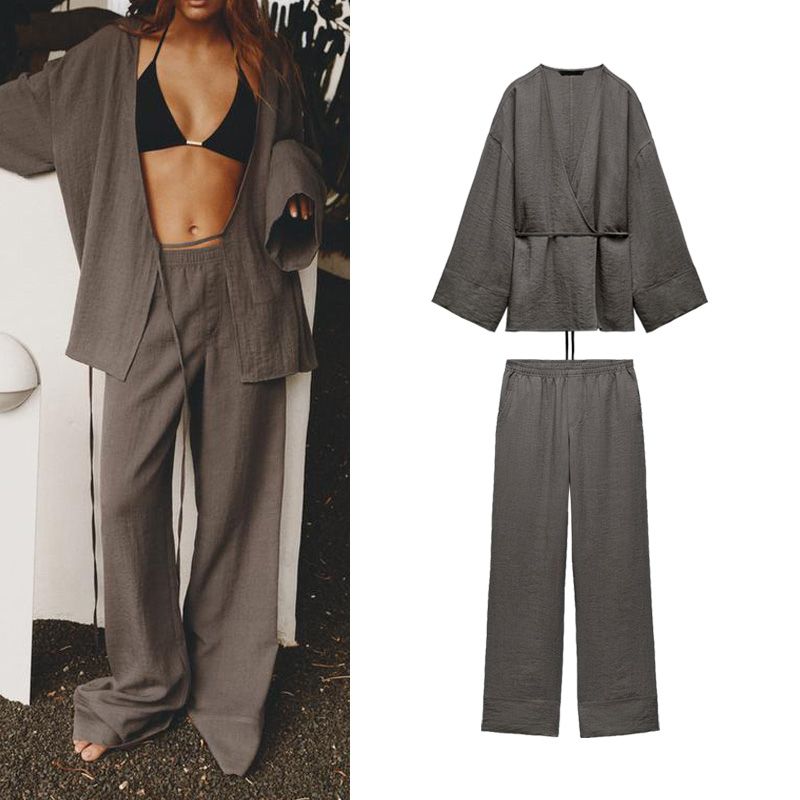Spring New Trend Texture Double Breasted Kimono Outerwear 5427743 Pajamas Style Pants 5427431