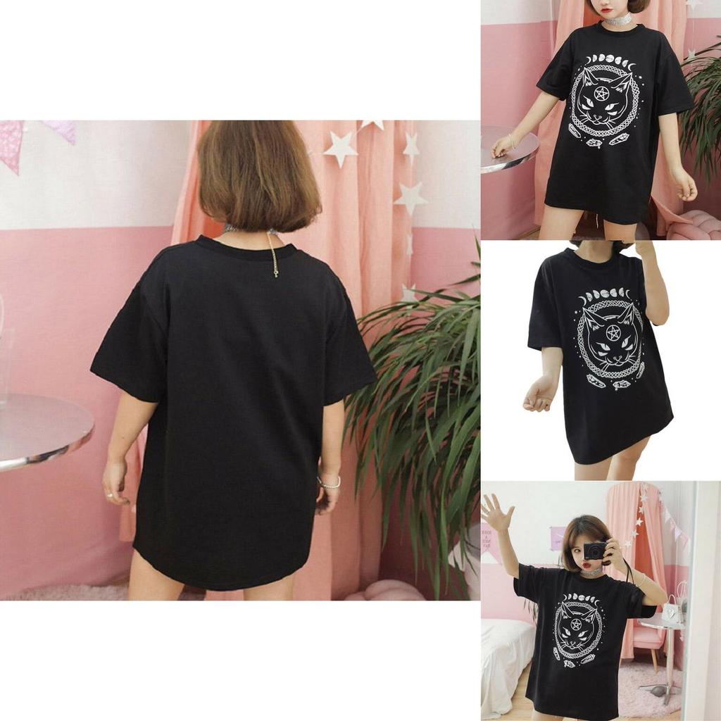 Damen Mädchen Lustiges Kurzarm Mond Katze Print Punk Gothic Lässiges Oberteil Bluse