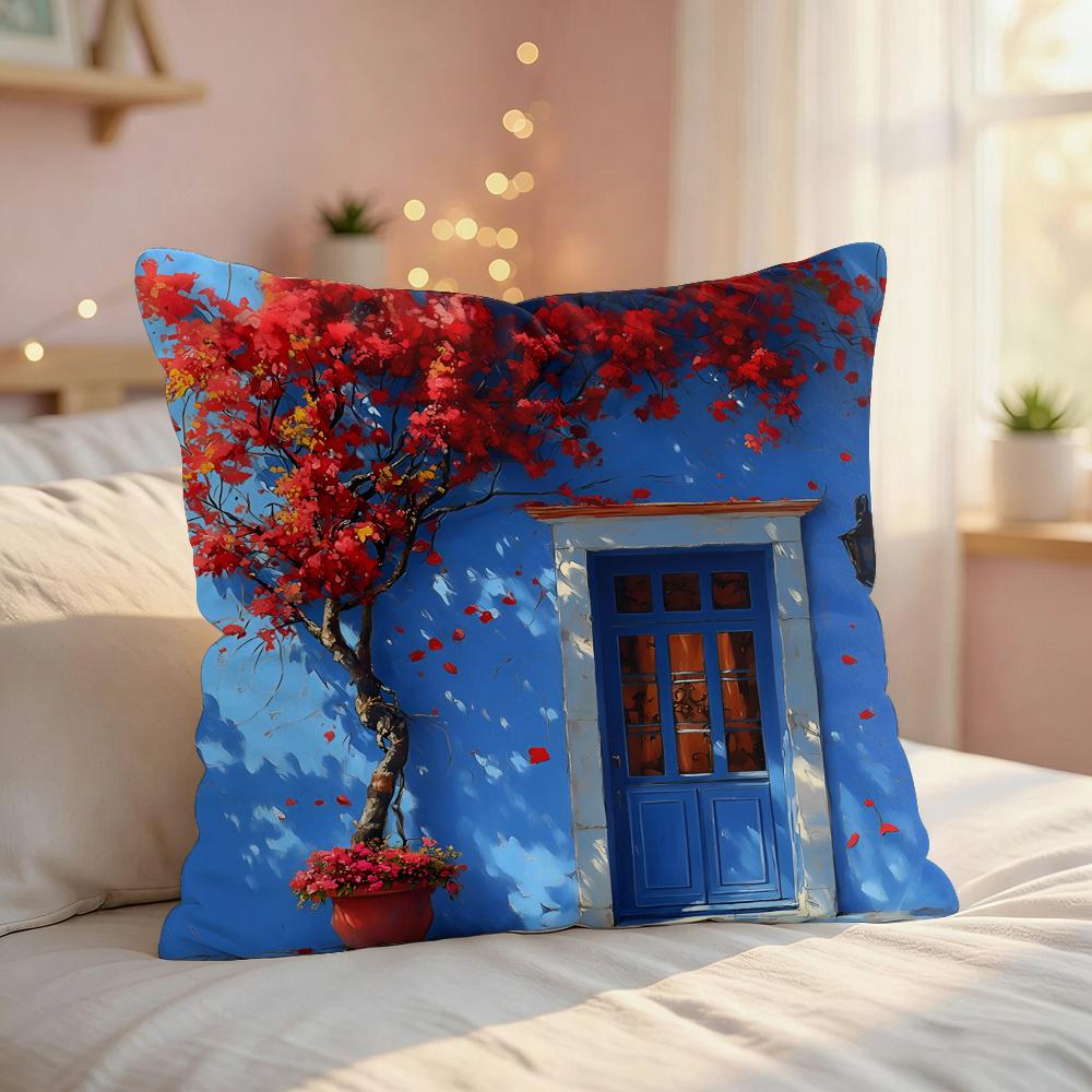 Village Door Window Oil Art Cushion Cover Silky Short Plush Invisible Zipper Dustproof Sofa Pillow Case For Home Decor