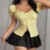 Summer Lace Collar Puff Sleeve Shirt Fashionable Striped Slim Versatile Short-sleeved Top