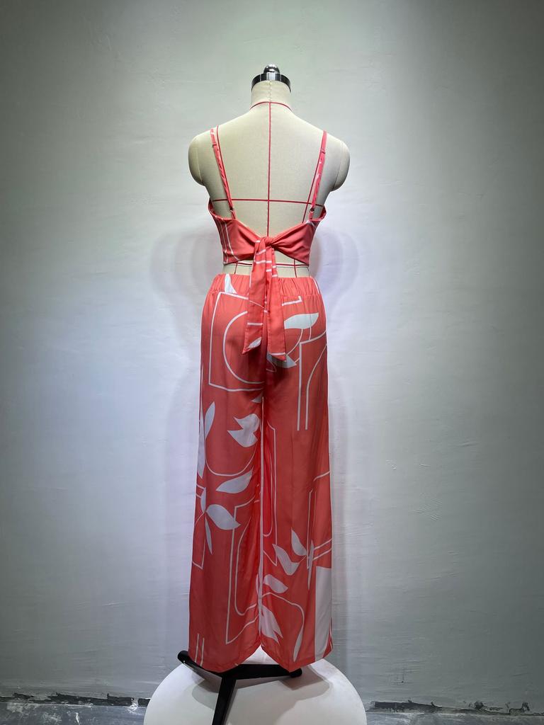 Summer Women's Faux Hemp Casual Suit V-Neck Short Vest High Waist Printed Wide Leg Pants Suit