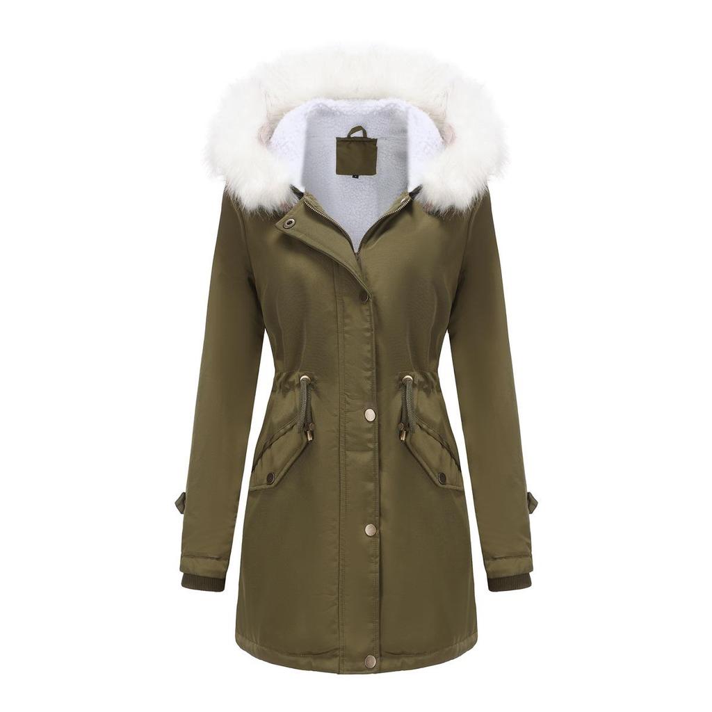 2023 Women's Detachable Fur Collar Parka: Long Sleeve Hooded Cotton Coat with Fleece Lining for Autumn/Winter