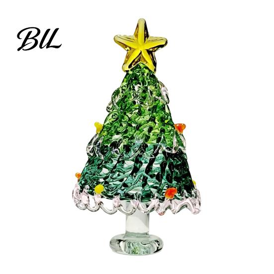 Elegant Glass Tree Table Centerpiece Hand Blown Christmas Figurine, Mini Tabletop Festive Home Accents Xmas Ornament, Handmade Desktop Holiday