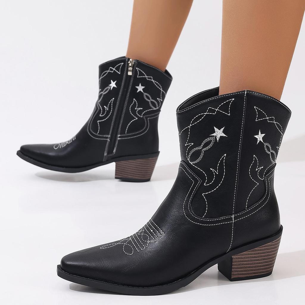 European and American  Embroidered Pointed Thick Heel Western Short Boots Women's Large Size Foot Set Thick Heel Fringed Short Fashion Leather Boots