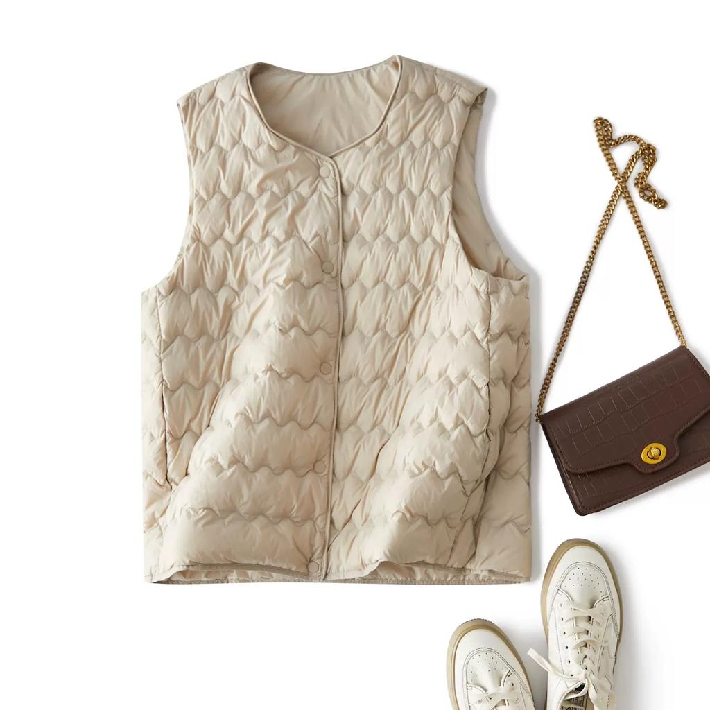 Gilet leggero in piuma d'anatra bianco con scollo rotondo e a V, senza maniche, gilet interno in piuma