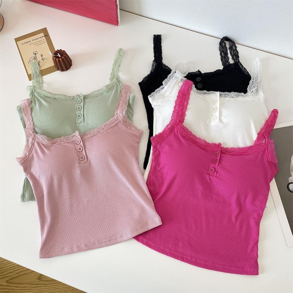 Camiseta sin mangas acanalada de encaje, Tops cortos con cuello Halter para mujer, camisola con botones, camisola con espalda al aire, chaleco recortado sin mangas de tubo de punto a la moda para mujer