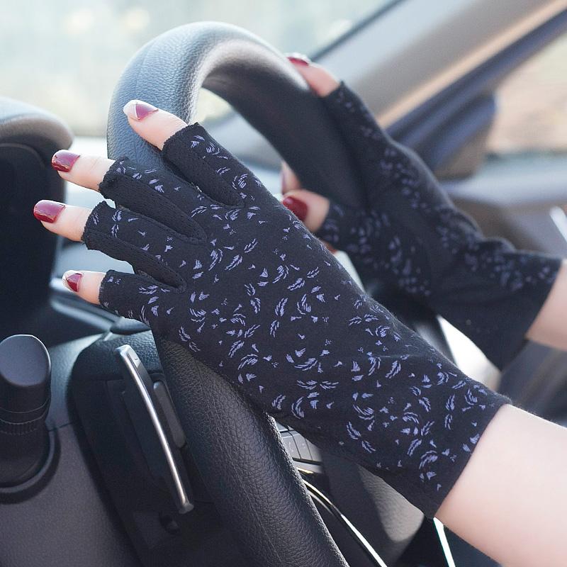 New Fashion Women's Cotton Dot Summer Fingerless Half Finger Anti-Skid Sun Protection Printing anti-UV Thin Short Driving Gloves