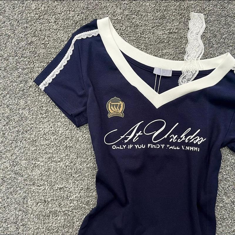 Millennium Style Gothic Taillen-Spleißspitze Träger Kurzarm T-Shirt für Damen Sommer Marineblau Slim Fit Top