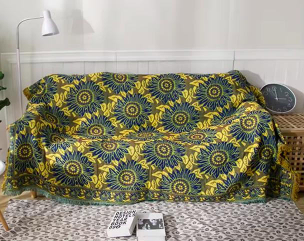 Gerbera Blue Sunflower Cotton Knitted Nap Sofa Office Three-layer Thickened Rural Style Blanket