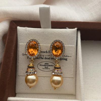 Orange Gemstone Pearl Earrings, Earrings Inlaid With Diamonds, Retro Light Luxury, Exquisite Niche Design, Elegant And Noble And Versatile