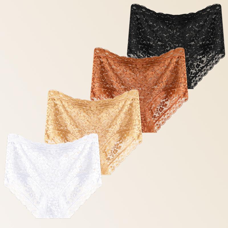 FINETOO 4Pcs Women Sexy Transparent Lace Panties High Elastic Underwear Skin Friendly Briefs Ladies See Through Lace Panties S