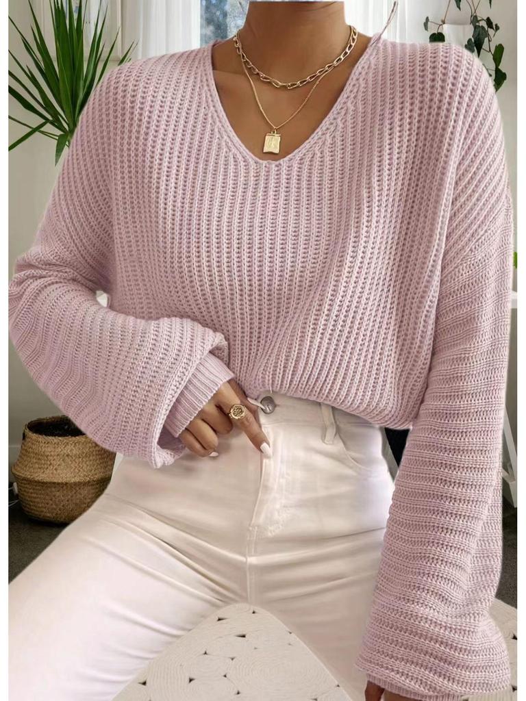 Herbst 2025 Einfarbiger V-Ausschnitt Laternenärmel Damen-Pullover