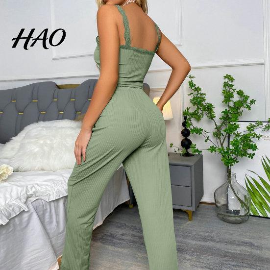 Women Pajamas 2 Pcs/Set Pants Top Suit Low-cut V Neck Sleeveless Solid Color Shirring Drawstring High Sleepwear Set Elastic Waist Lace Summer Homewear