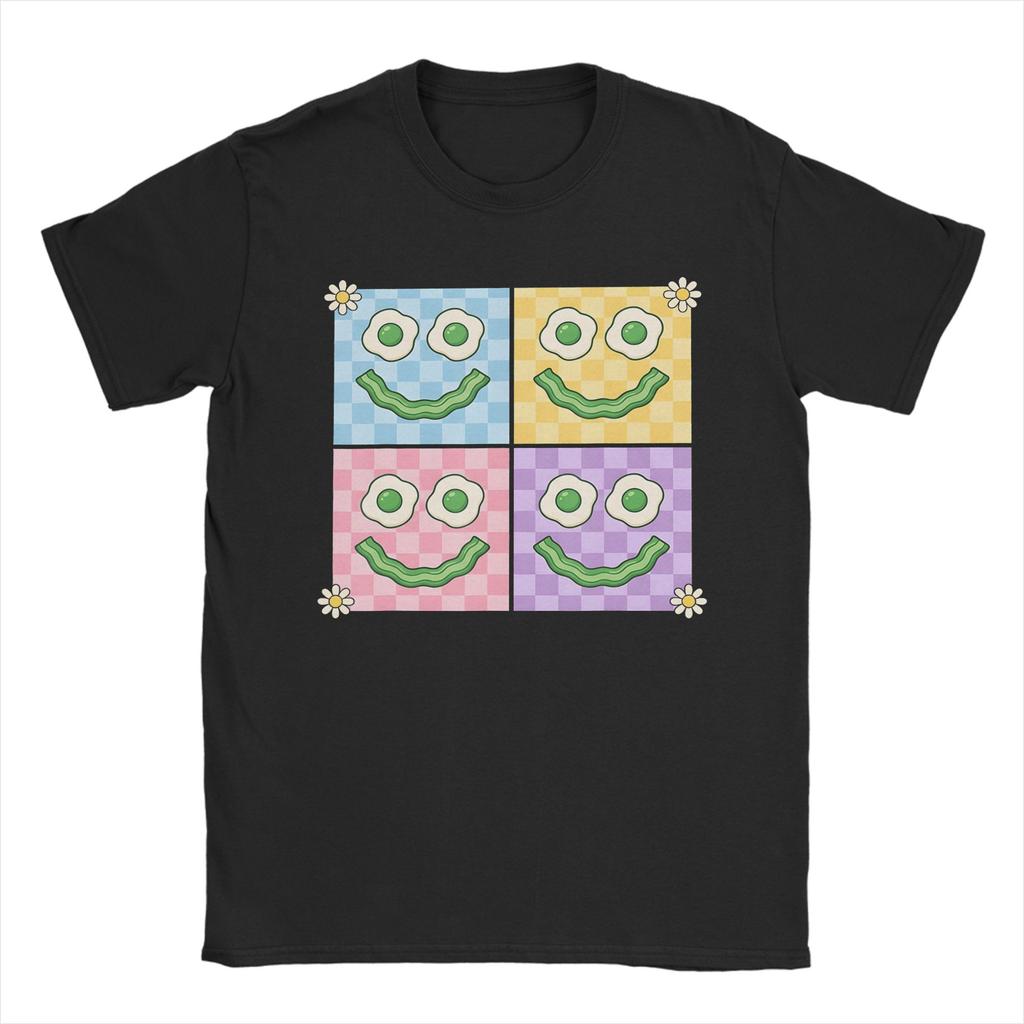 Unisexs Cute Green Chicken Egg Ham Smile Face Brunch Breakfast T Shirts Pure Cotton Clothing Vintage Short Sleeve Crewneck Tees