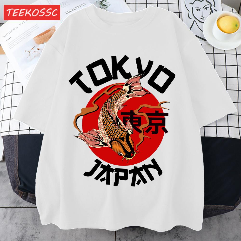 Harajuku Tokyo Japan Koi Fish Print Men T Shirts Hip Hop ONeck TShirt Soft Cotton Male Sportswear Casual Comfortable Clothes