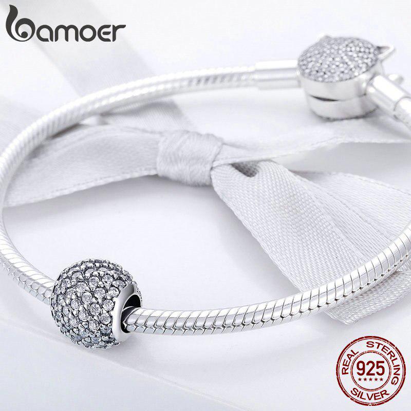 BAMOER Silver Dazzling CZ Crystal Round Beads fit Women Bracelets & Bangles