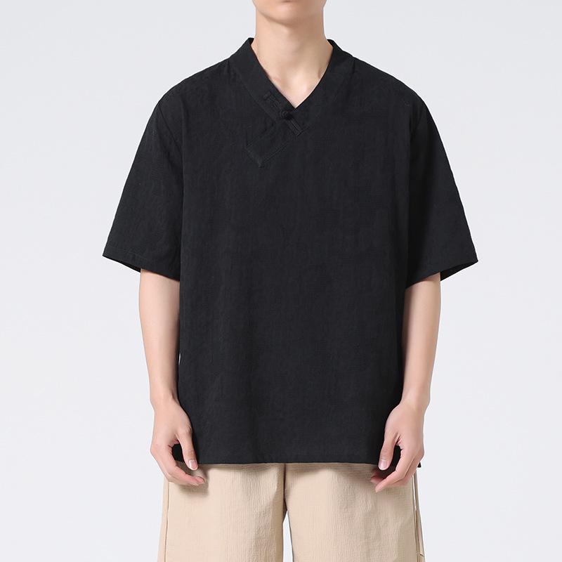 2024 Men's Summer Cotton Linen Short Sleeve T-Shirt with Frog Button – Plus Size Chinese Style Hanfu