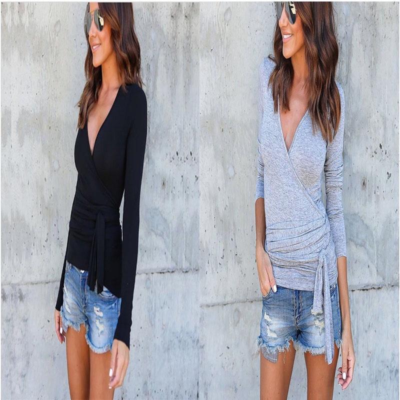 Elegant Long Sleeve Deep V-neck Knitted Sweater Blouse For Women With Premium Quality