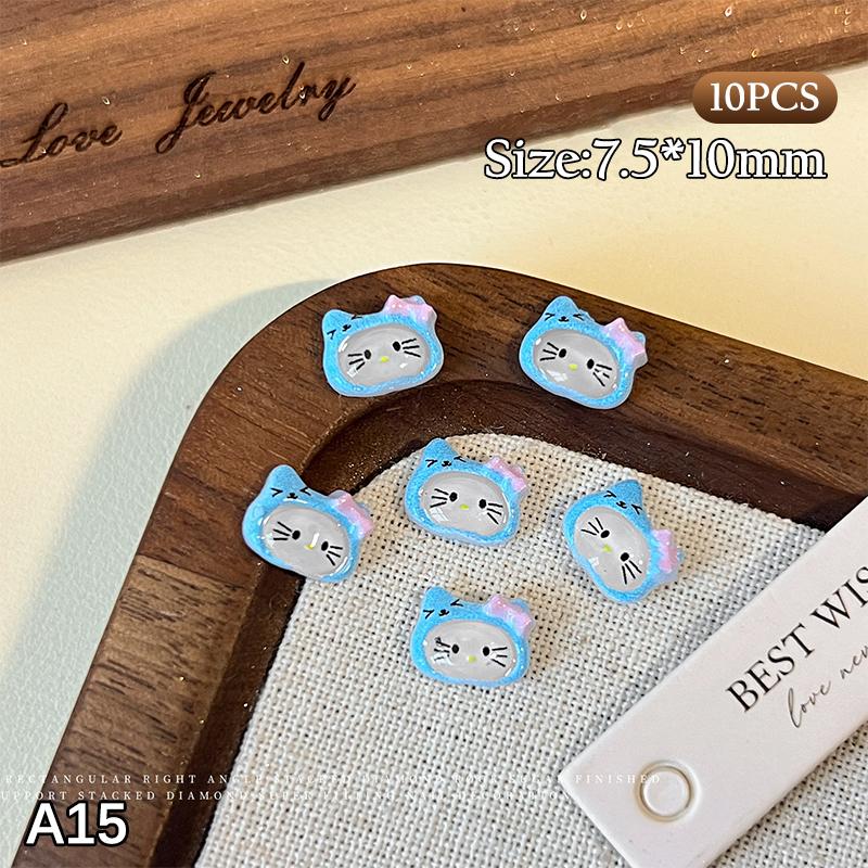 10Pcs/Bag 3D Cartoon Hello Kitty Nail Charms Mixed Resin Kitty Cat With Bowknot Nail Art Decoration Kawaii Glittery Kt Nail Part