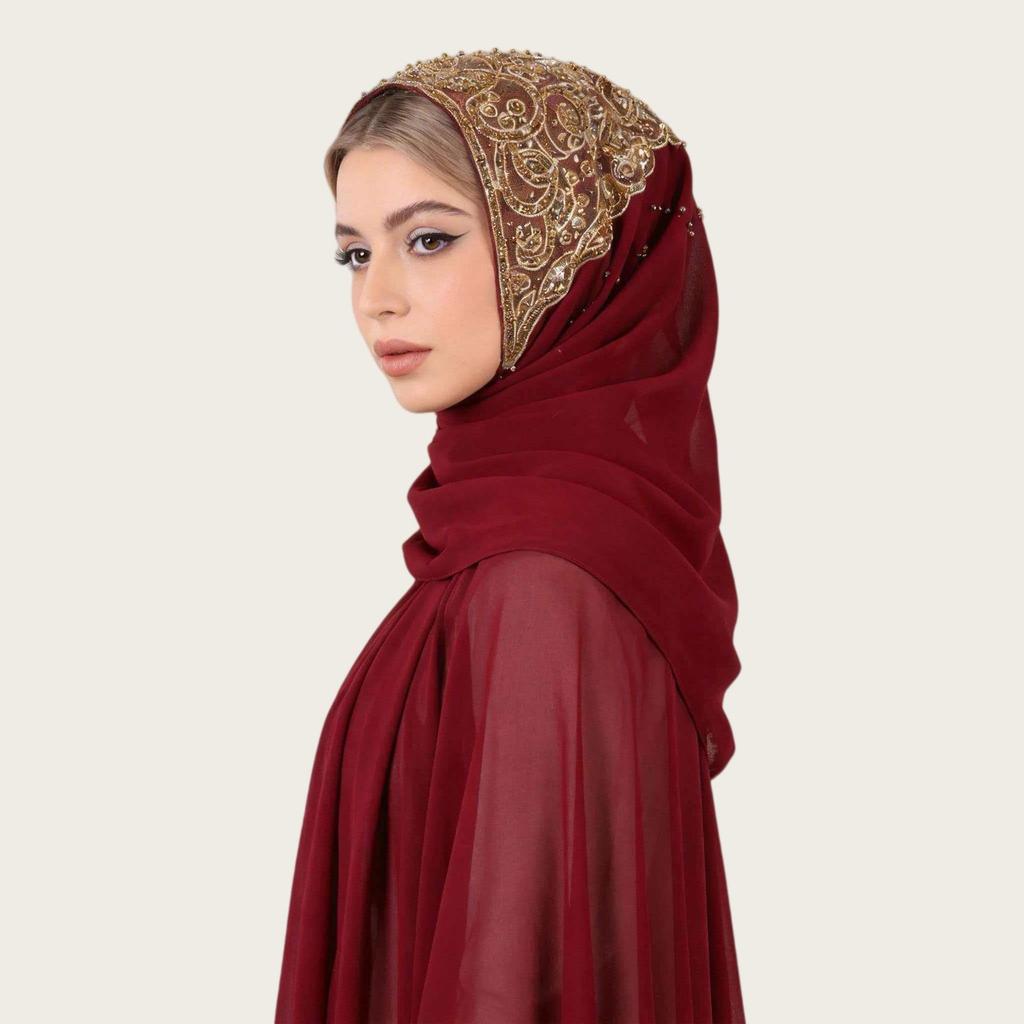 A092 Beaded Chiffon Ethnic Headscarf - Southeast Asia Fashion Scarf