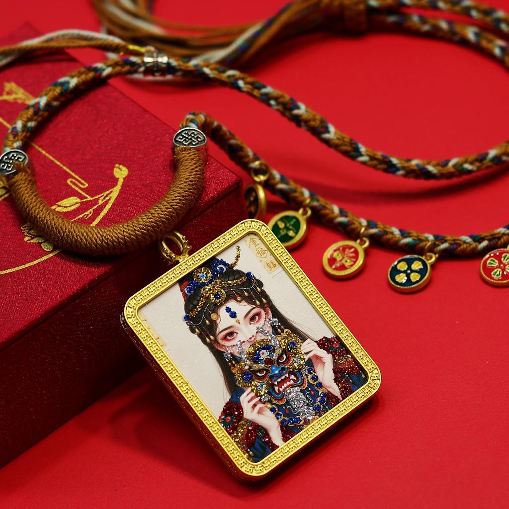 Classic Gold Tone Thangka Necklace: Multicolored Tibetan Zhakilamu, Female Wealth, Dazzling Colors, Semi-Handmade.