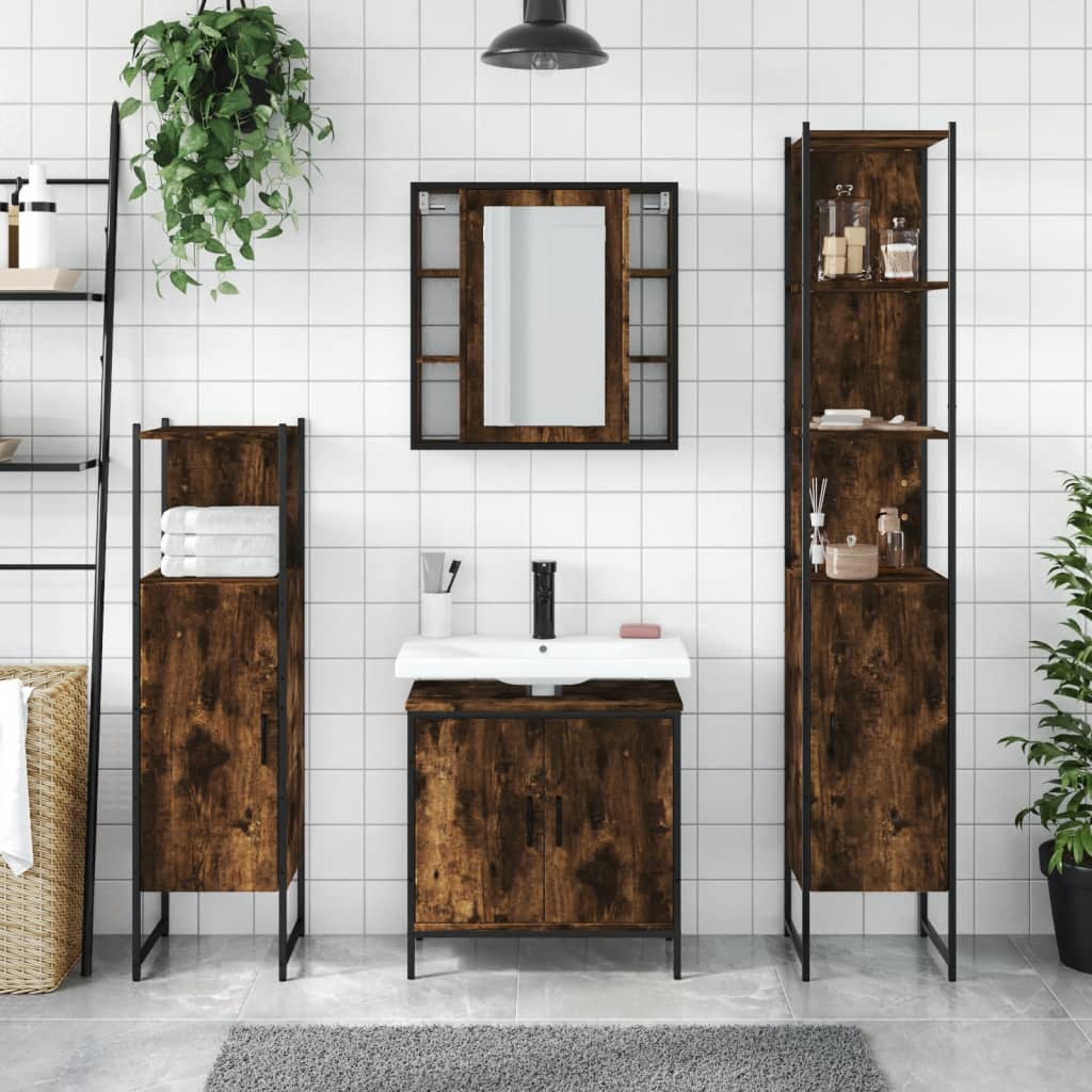 4 Piece Bathroom Furniture Set Smoked Oak Wood Based Material