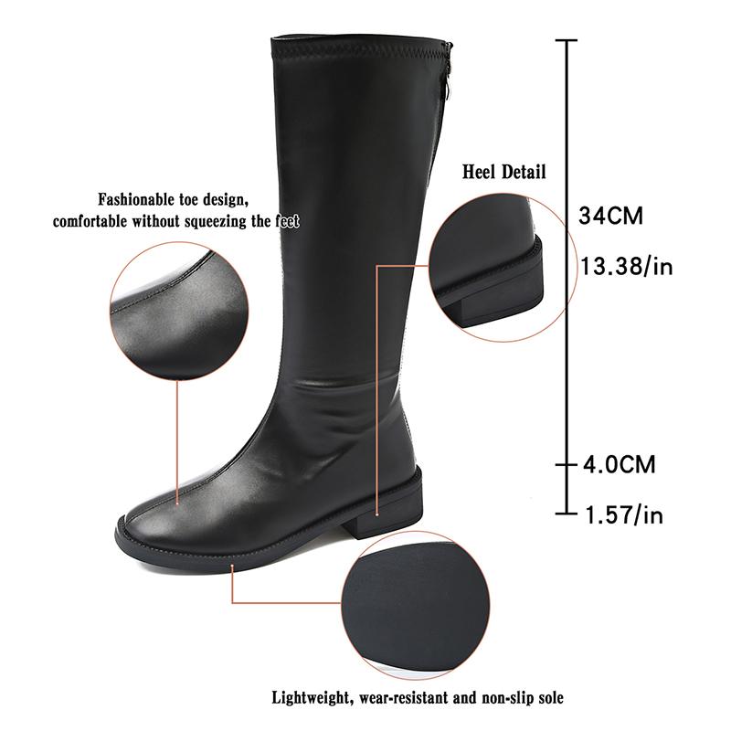Fashion Autumn Winter Women's Knee High Boots Solid Color High Tube PU Leather Boots Woman Fashion Back Zipper Low Heel Long Botas Mujer