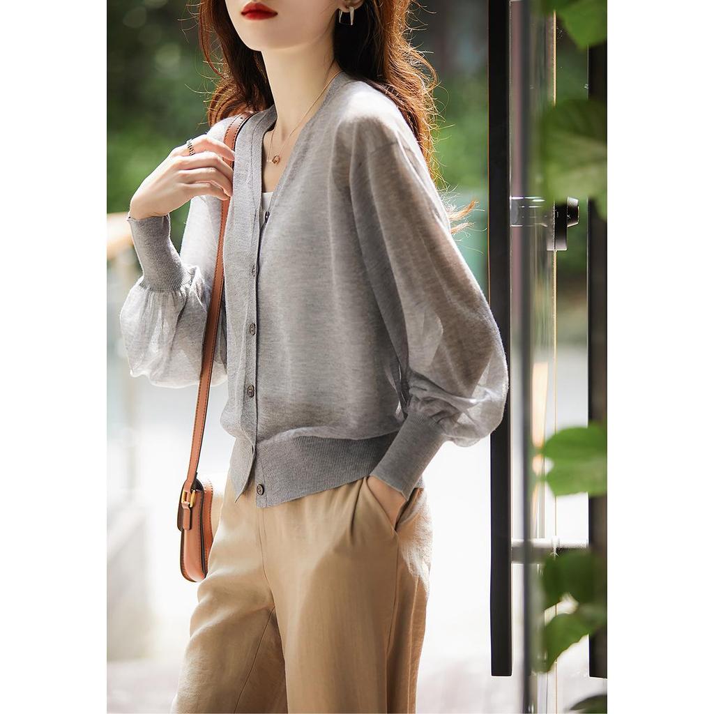 Women’s Spring 2026 V-neck Lightweight Knit Cardigan - Korean Style, Breathable, Long Sleeve