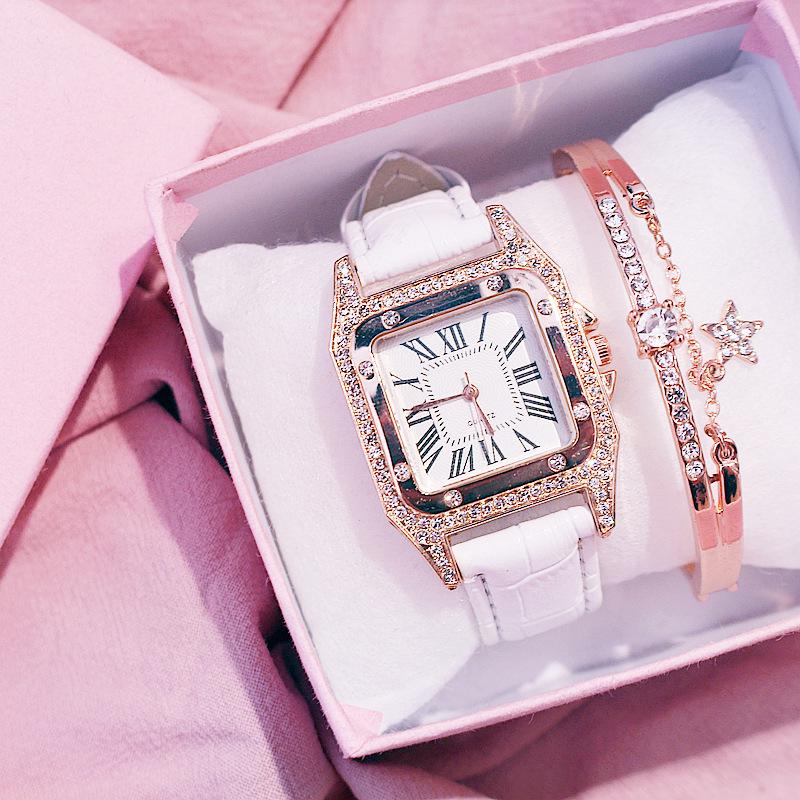 Women's Trendy Square Dial Quartz Watch with Leather Strap & Star Bangle