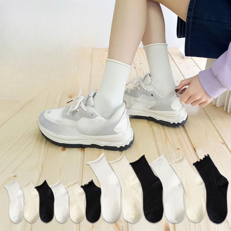 Female Spring and Autumn Solid Color Wooden Ear Curled Cotton Sweat Absorbing Socks