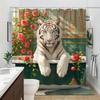 1pc White Tiger Rose Floral Shower Curtain - Green Golden Tile, 70.8x70.8", Polyester, 12 Hooks, Elegant Tiger & Pink Roses