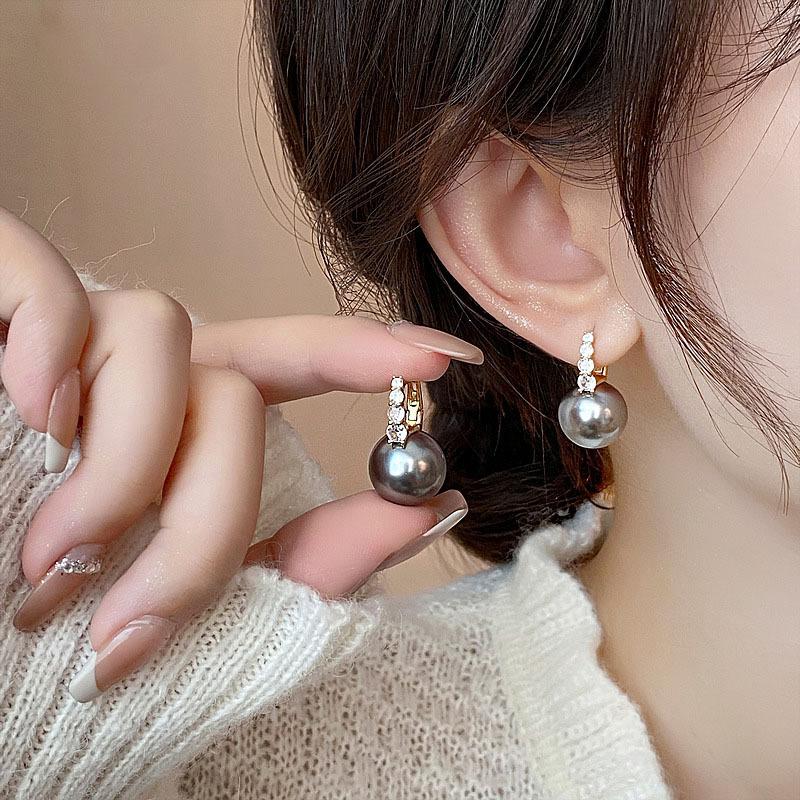 Korean Gray Zircon Pearl Pendant Earrings For Women Elegant Round Crystal Temperament Earrings Jewelry Birthday Gifts 2025