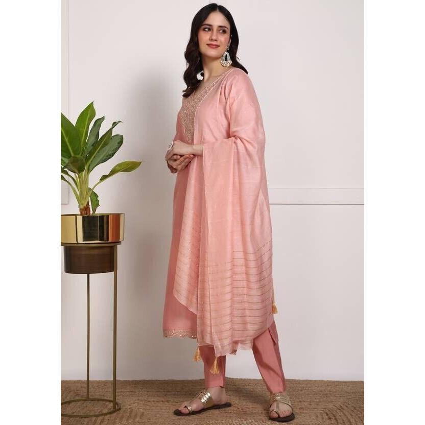 Indian Women Pure Silk Kurti Pant Dupatta Set Embroidered Salwar Kameez Party VF-20155