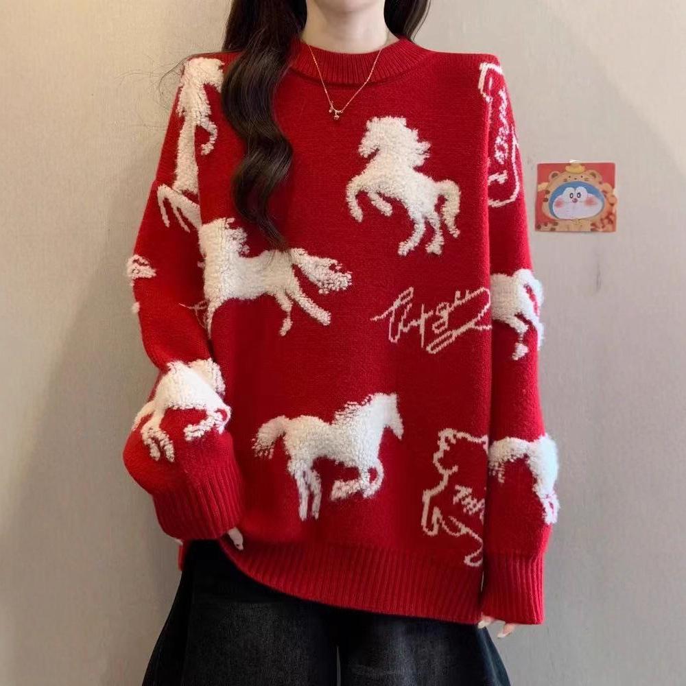 High-End Red Christmas Sweater for Plus Size Women: Loose, Slimming, Super Stylish Knitwear Top