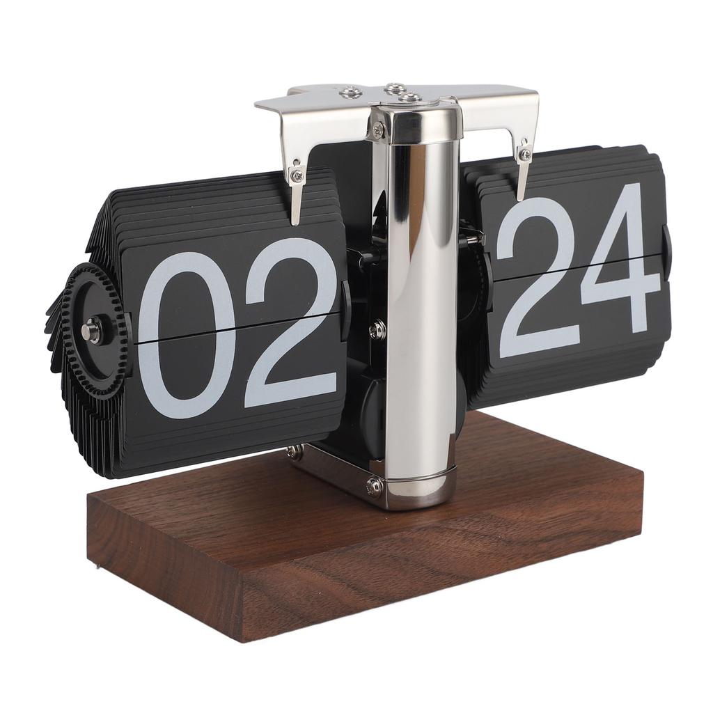 Flip Desk Clock Auto Mechanical Flip 24H Wood Base Stainless Steel Vintage Retro Digital Table Clock for Home Office