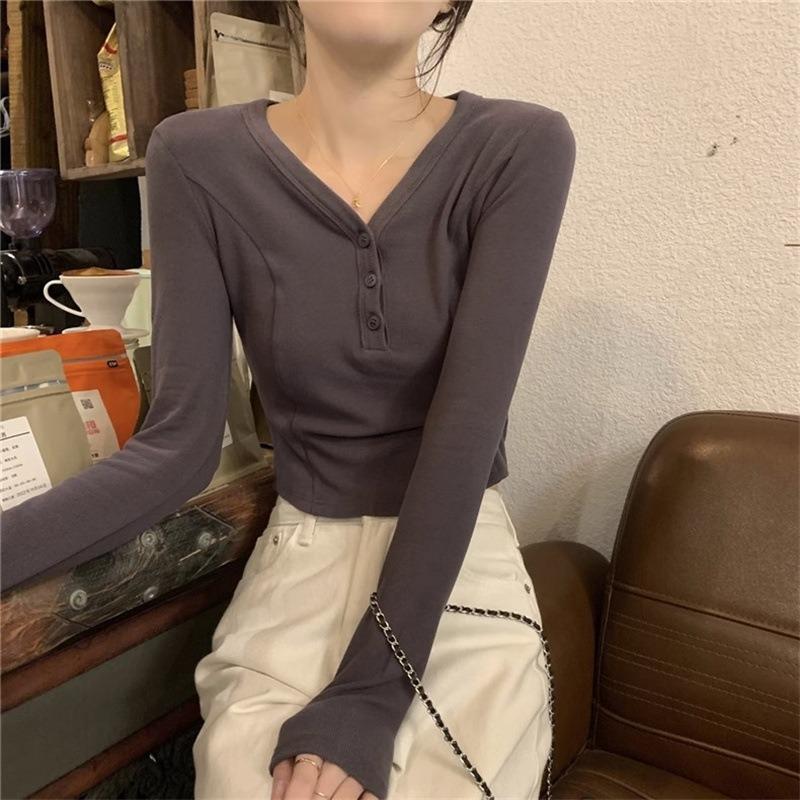 

Ветер короткий маленький футболка длинный рукав женский осень универсальный облегающий внутренний воротник базовая рубашка однотонный топ XL темно-серого