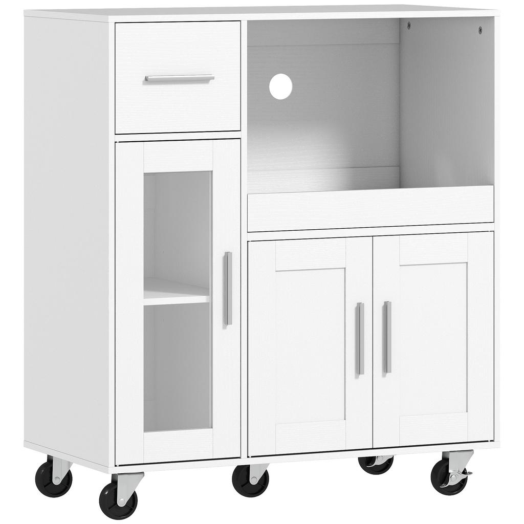 Küchenschrank auf Rädern, Mobiler Küchenschrank mit Regalen, Schubladen, Verstellbarem Regal, Kabeldurchlass, Weiß