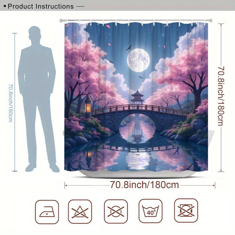 1pc Japanese Garden Moonlit Shower Curtain - Cherry Blossoms, Pagoda, Full Moon & Birds, 70.8x70.8 , Polyester,12 Hooks,Washable W90XH180cm