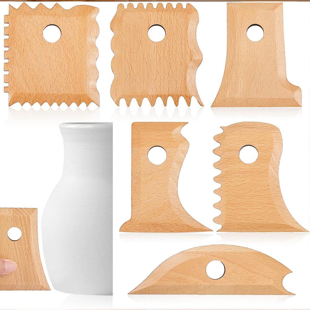 

7-Piece Pottery Tool Set: Wooden Knife, Clay Sculpture Wheel, and Foot Trimming Tools for DIY Pottery.